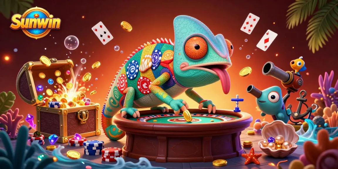 Engage with Sunwin's colorful casino experience where a chameleon's tongue snaps coins amid vibrant gameplay.