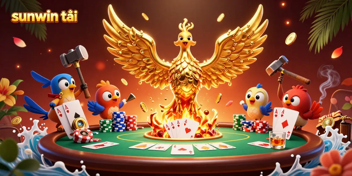 Win big in sunwin tải with a stunning casino scene featuring a molten phoenix and poker elements.