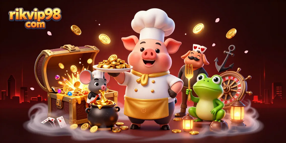 Experience winning moments at rikvip98 com with a chef pig, mouse, and frog amidst gold and casino elements.