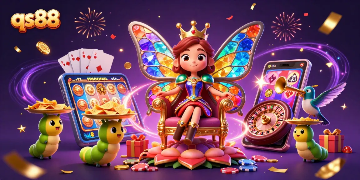 Excite players with qs88’s vibrant 3D illustration of colorful casino games and fun designs.