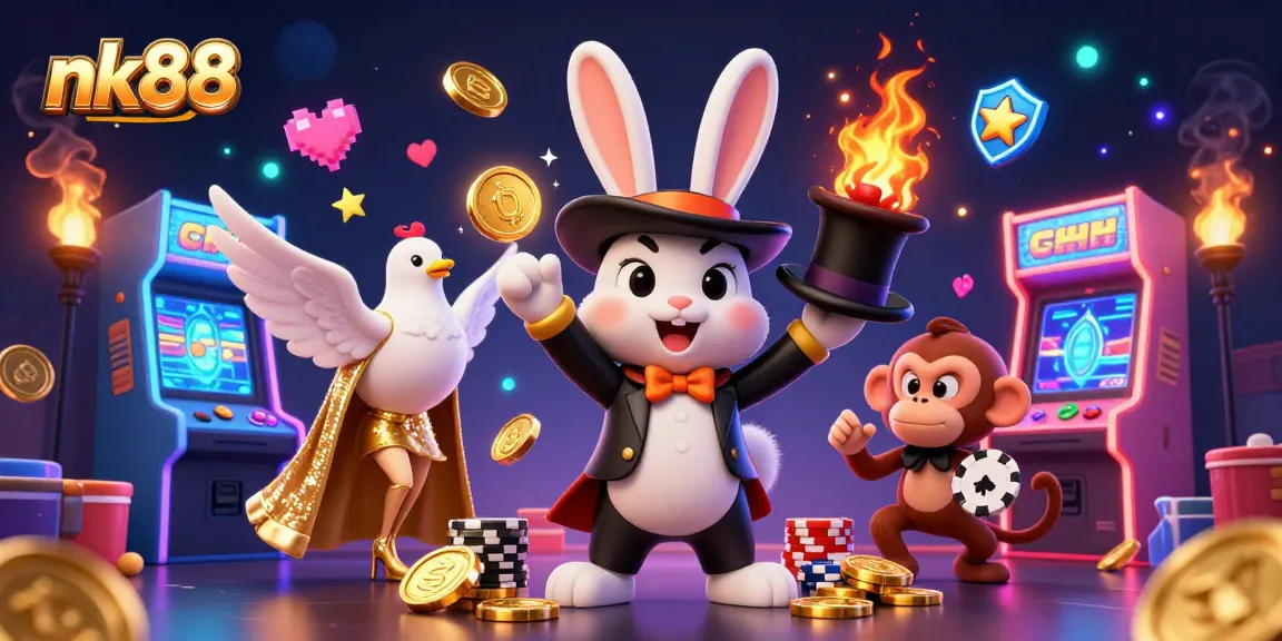 Engage in thrilling nk88 casino action with a magician rabbit, dazzling dove, and playful monkey amidst vibrant gaming elements.