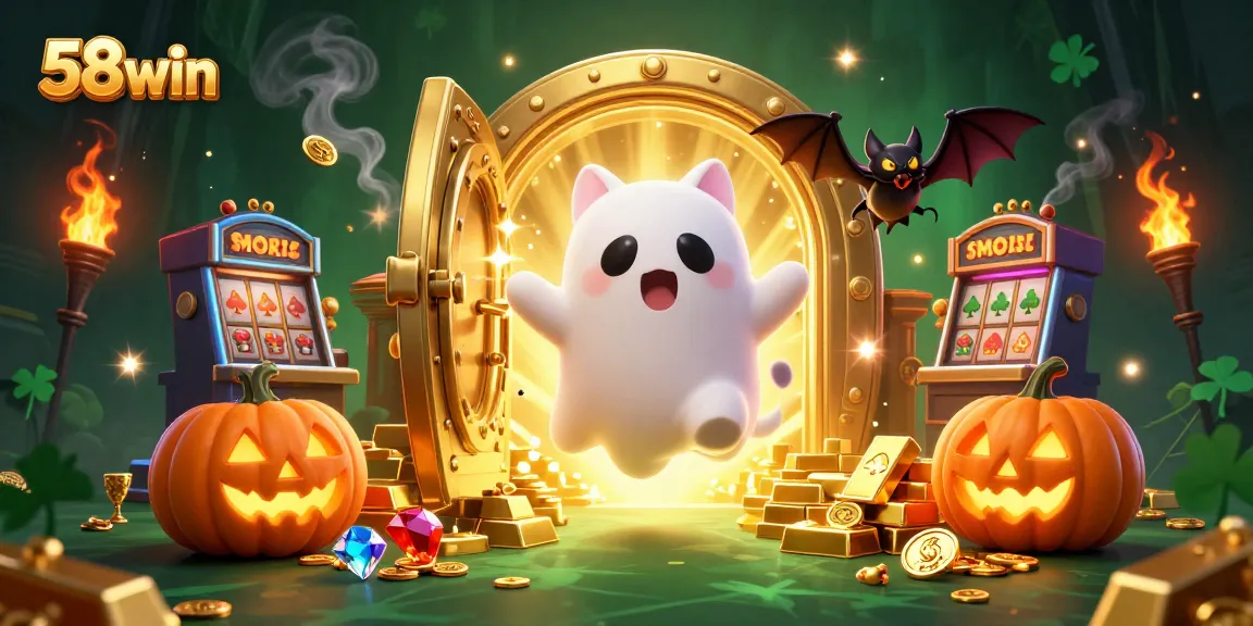 Experience thrilling wins with 58win in a vibrant haunted casino illustration.