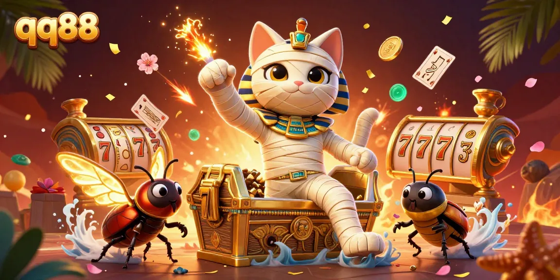 Experience thrilling gaming at qq88 with an exciting pyramid casino scene featuring a mummy cat bursting from a sarcophagus.