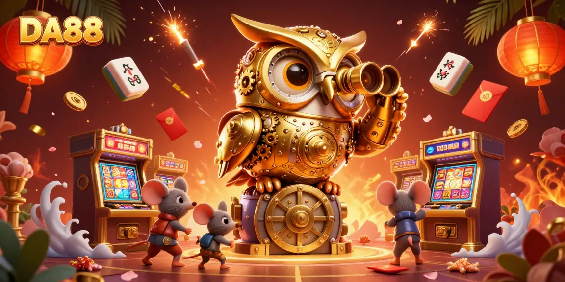 Engage in exciting casino action with DA88, showcasing vibrant 3D illustrations of a golden owl and lucky symbols.