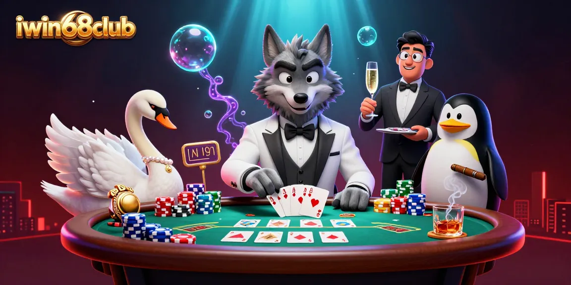 Experience the thrill of winning at iwin68club with a debonair wolf, swan dealer, and penguin sommelier.