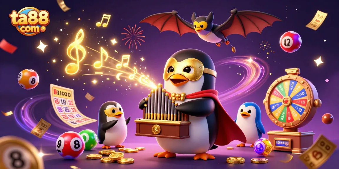 Engage with ta88 com excitement as a penguin plays a golden organ while magical elements create a gambling spectacle.