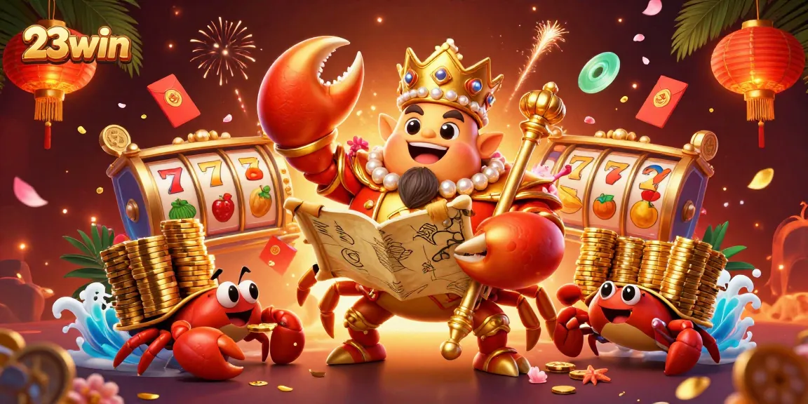 23win promotes thrilling gameplay with a golden crab emperor surrounded by slot game elements.