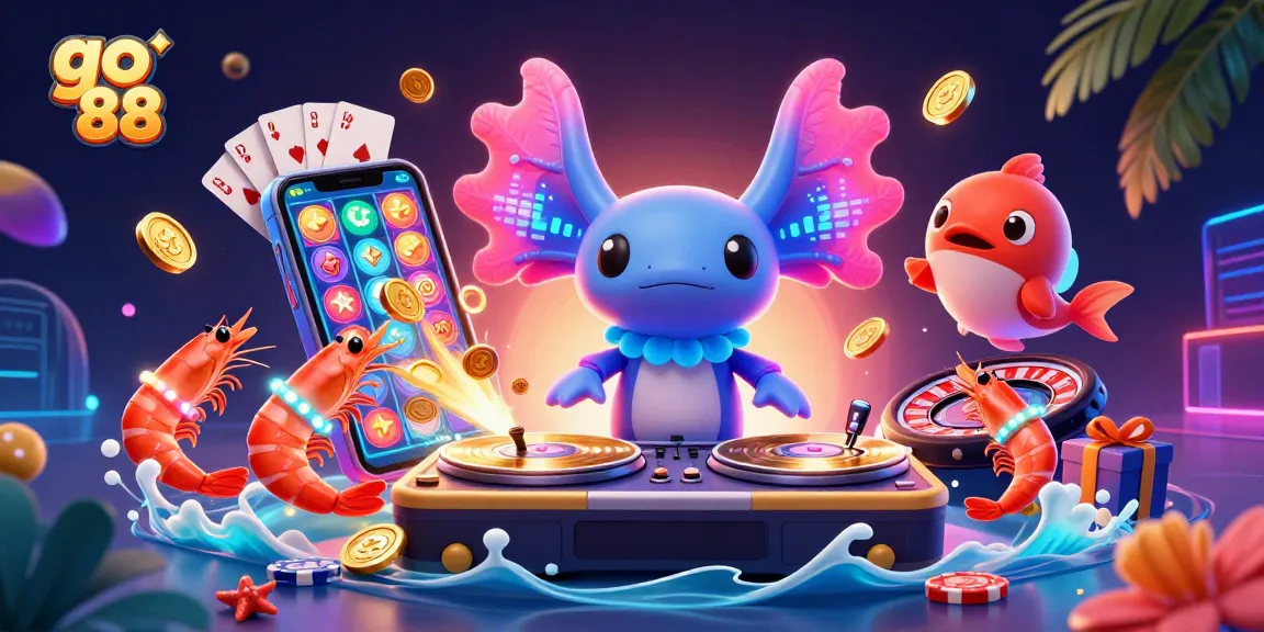 Join the thrilling action with go 88 as the neon axolotl DJ spins colorful slot games and joyful shrimp dancers light up the scene.