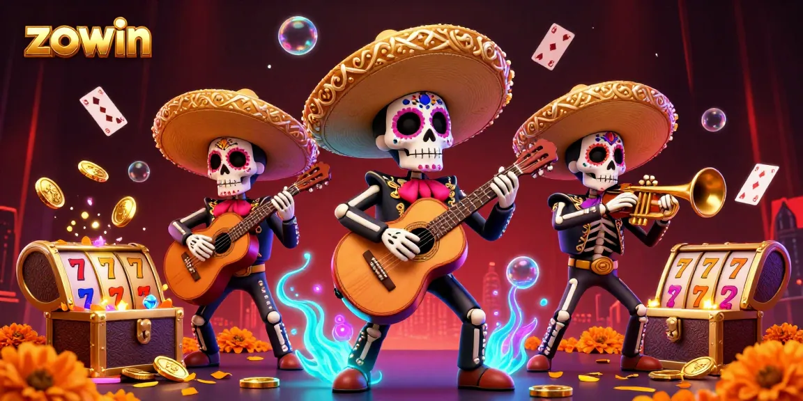 Zowin enhances your gaming thrill with a lively mariachi scene amidst gold coins and slot game elements.