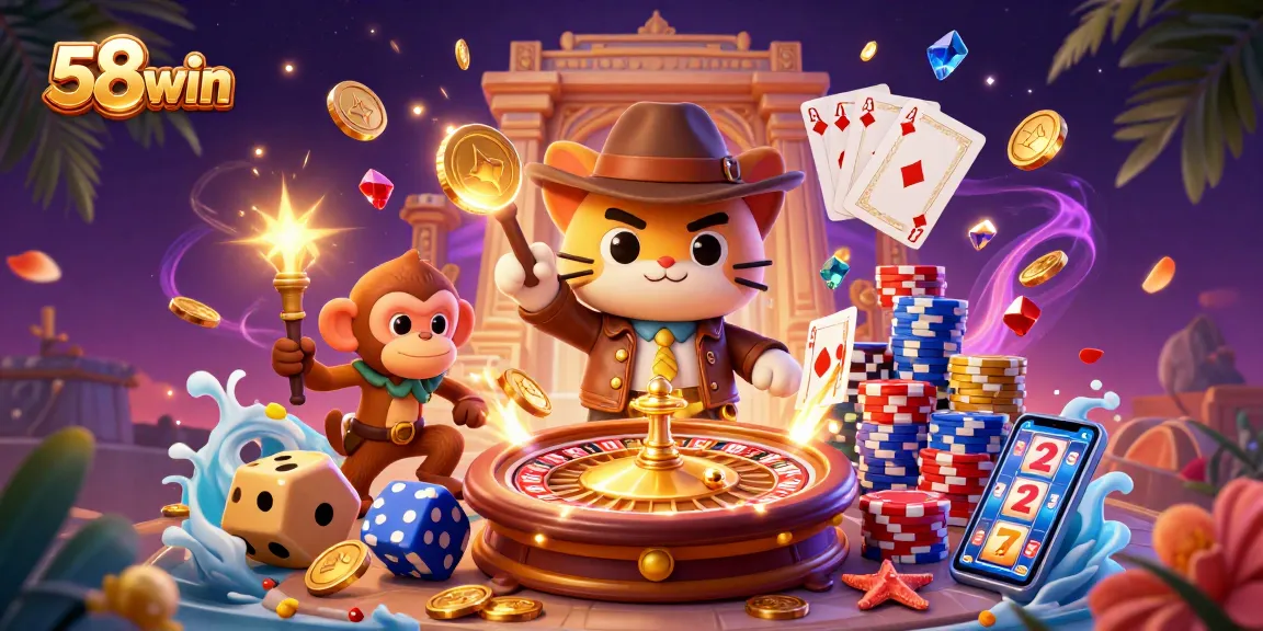 Experience thrilling gaming at 58win with dynamic elements like golden coins and poker chips.