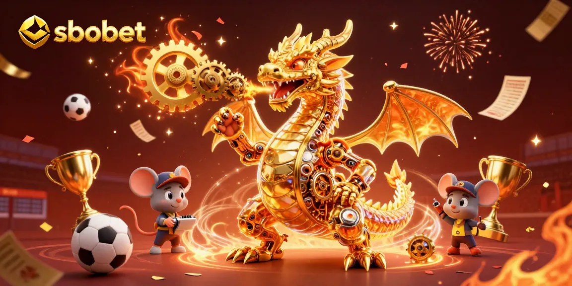 Engage in sbobet sports betting with dynamic trophies, balls, and betting slips in a vibrant illustration.