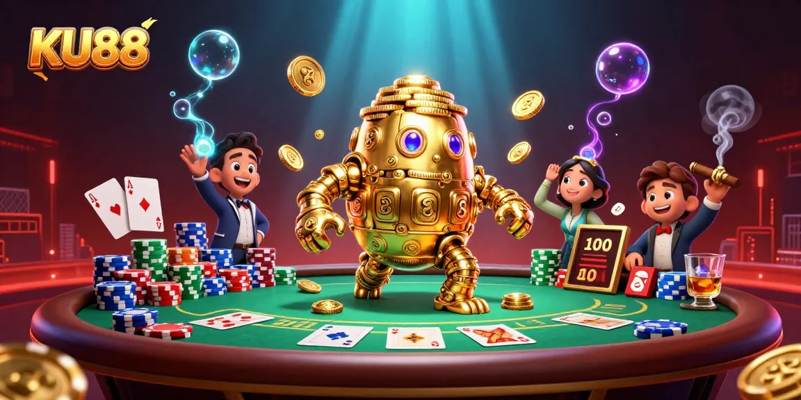 Experience thrilling wins with KU88 featuring a dynamic golden golem and vibrant poker elements.