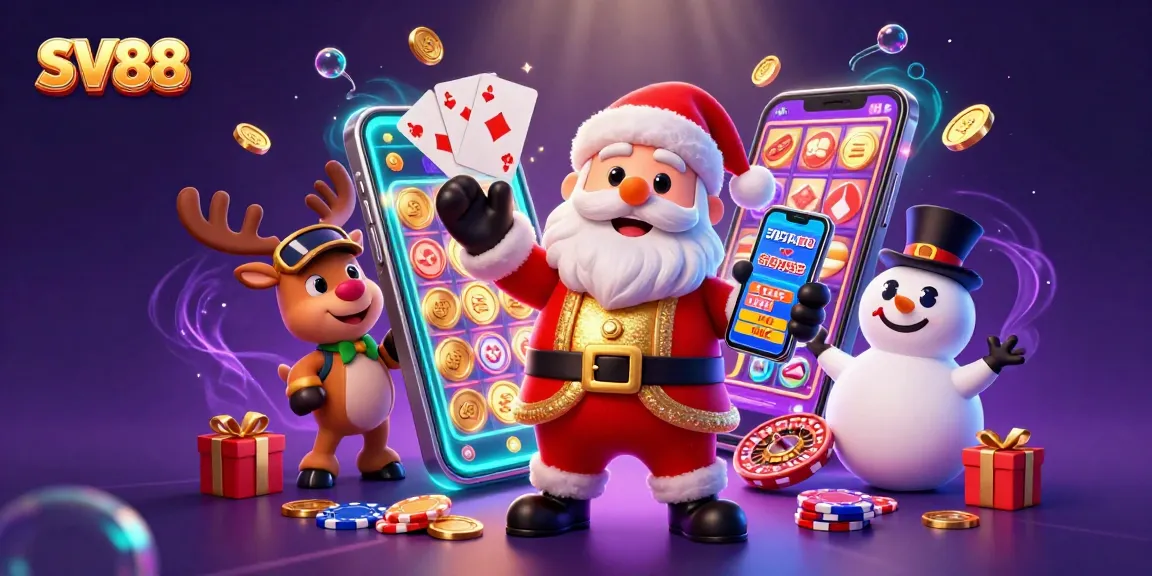 Experience the thrill of SV88 slots and jackpots in a vibrant 3D casino illustration with Santa Claus and friends.
