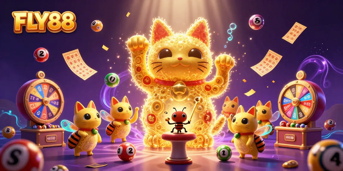 FLY88 offers vibrant gaming excitement with golden lucky cat and colorful slots in a dynamic casino scene.