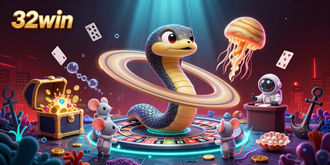 32win presents a thrilling casino scene with animated characters betting on roulette rings.
