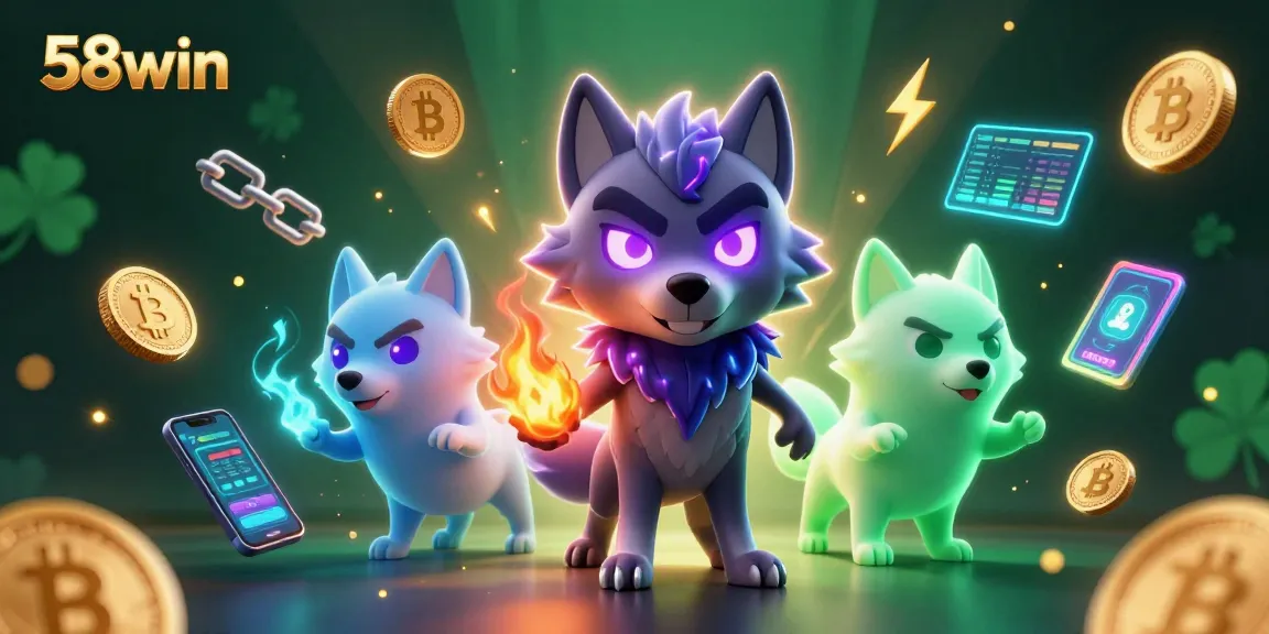 Engage with 58win's vibrant casino scene featuring a cartoon wolf pack leader and crypto elements.