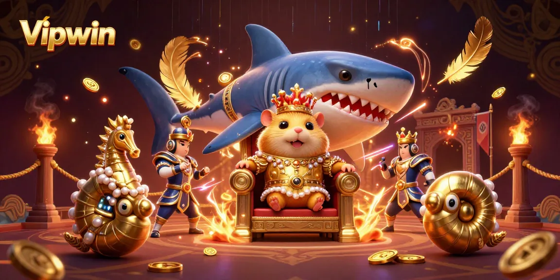 Experience the thrill of Vipwin with a golden hamster king and seahorse guards in a dynamic casino scene.