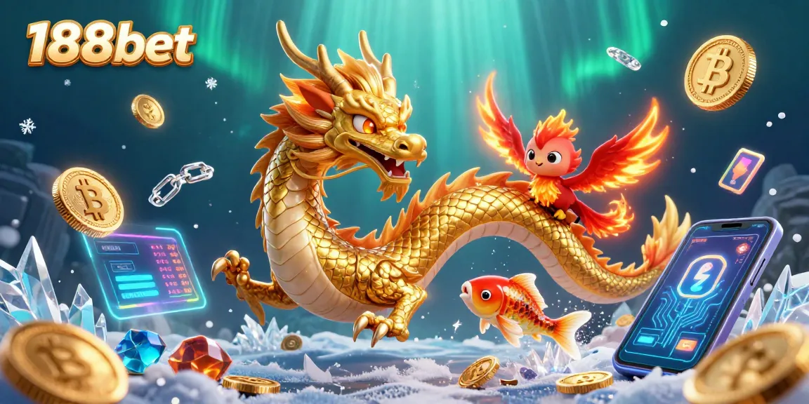 Bet with 188bet while a golden dragon and phoenix shine amid vibrant gaming elements.