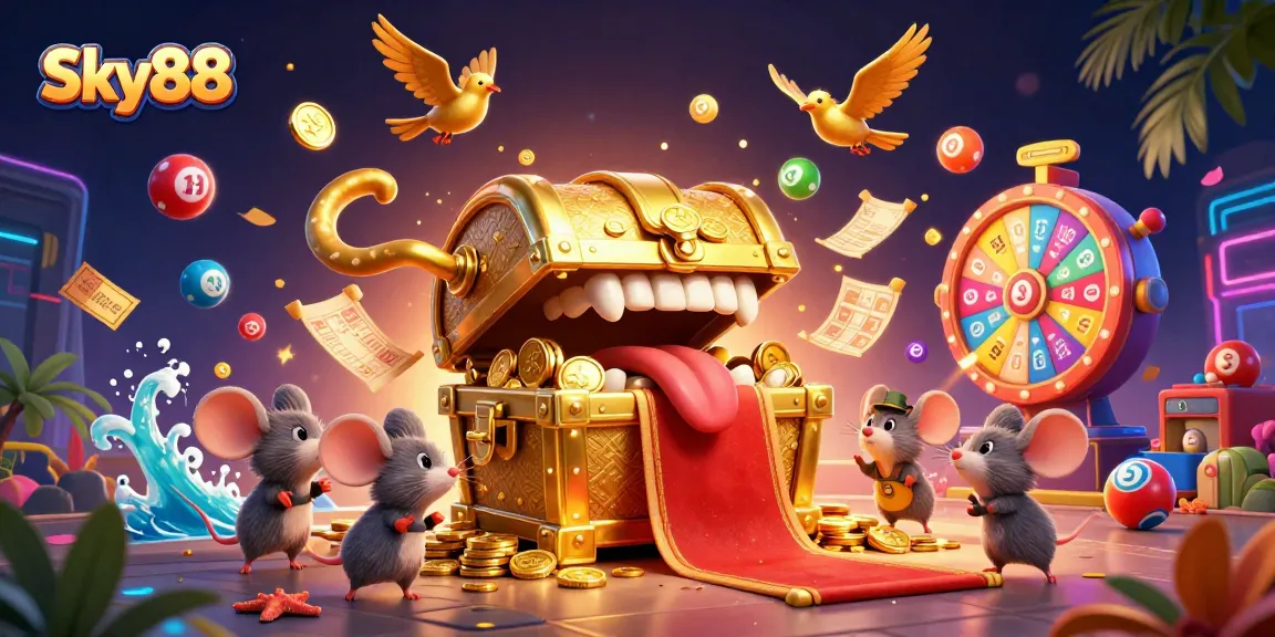 Engage with the vibrant Sky88 casino scene featuring dynamic lottery elements and a treasure chest.