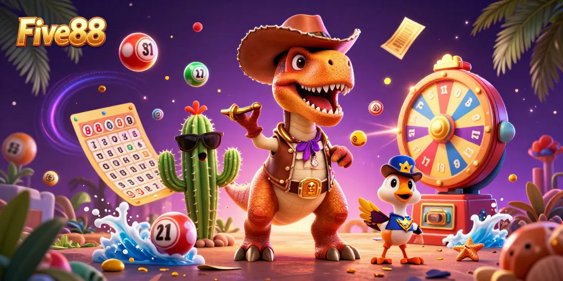 Join the excitement at Five88 with a T-Rex cowboy, bingo cards, and lottery fun!
