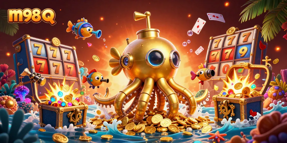 Experience thrilling underwater gaming action with m98 q, featuring a golden kraken and vibrant slot elements.