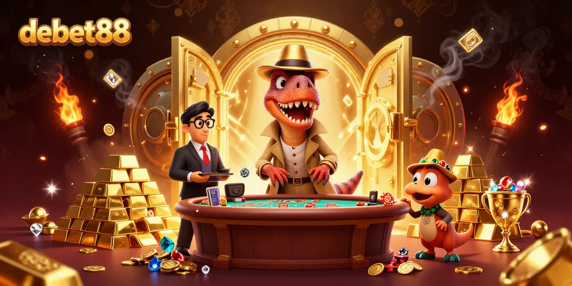 Engage with debet88 at a vibrant casino scene featuring a velociraptor card counter.