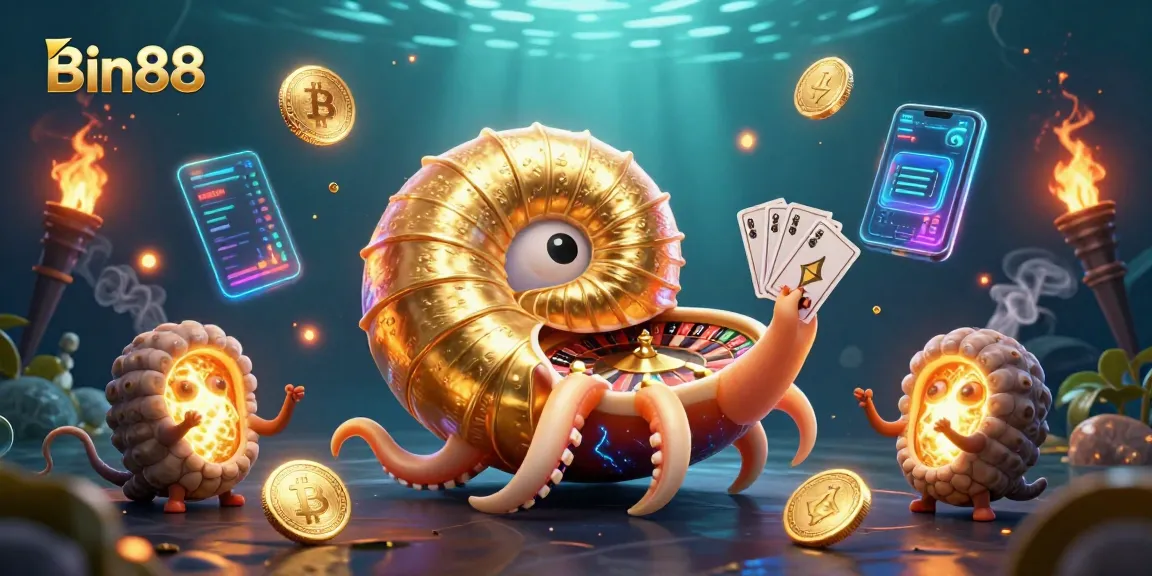 Engage in winning strategies at Bin88 with a vibrant 3D casino illustration depicting dynamic gaming elements.