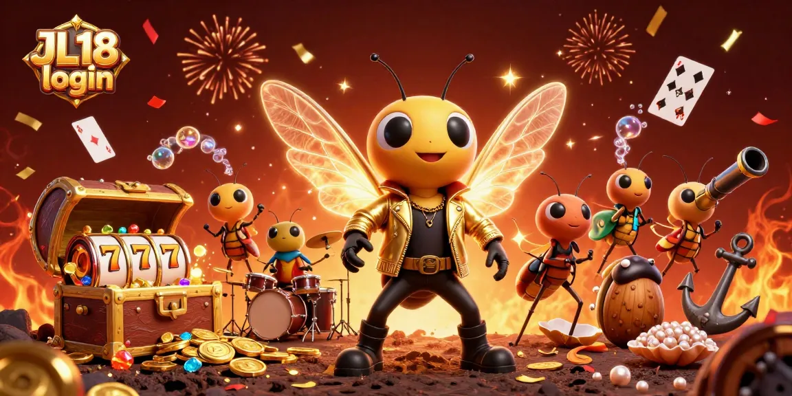 JL18 login dynamic illustration showcasing a cartoon cicada rock star and game elements, perfect for online casino gaming.