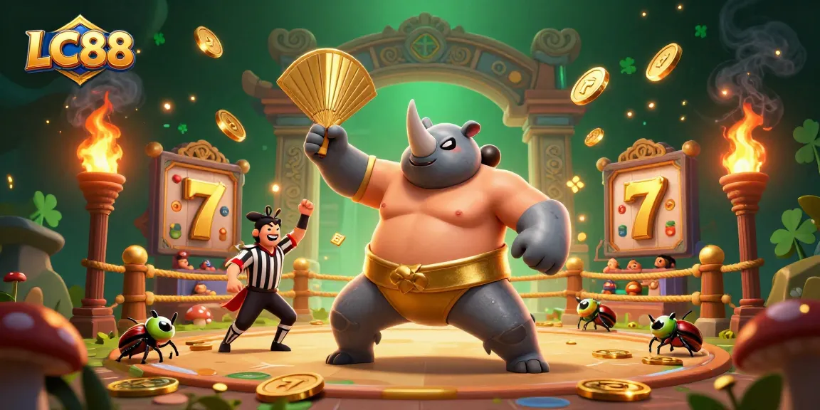 Experience excitement at LC88 with a sumo beetle champion amidst flying coins and slot reels.