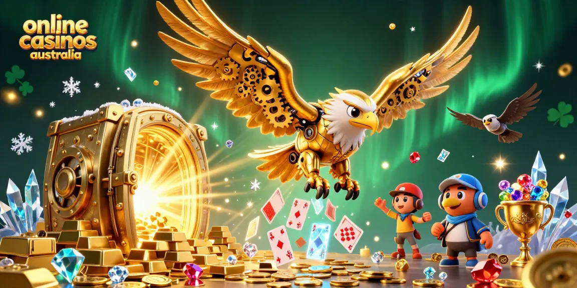 Experience the excitement of online casinos Australia with a vibrant 3D illustration of a cybernetic eagle soaring through dazzling casino elements.