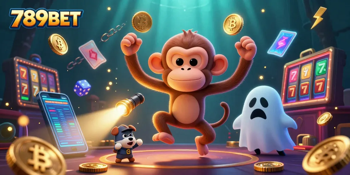 Experience the enchanting world of 789BET with a captivating scene featuring a mischievous monkey and ghost-hunter puppy.