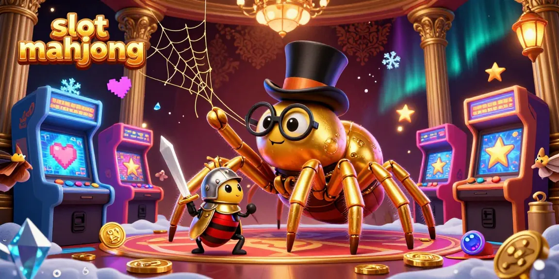 Experience the thrill of slot mahjong with an exciting illustration of a giant golden tarantula and a brave knight in a vibrant casino setting.