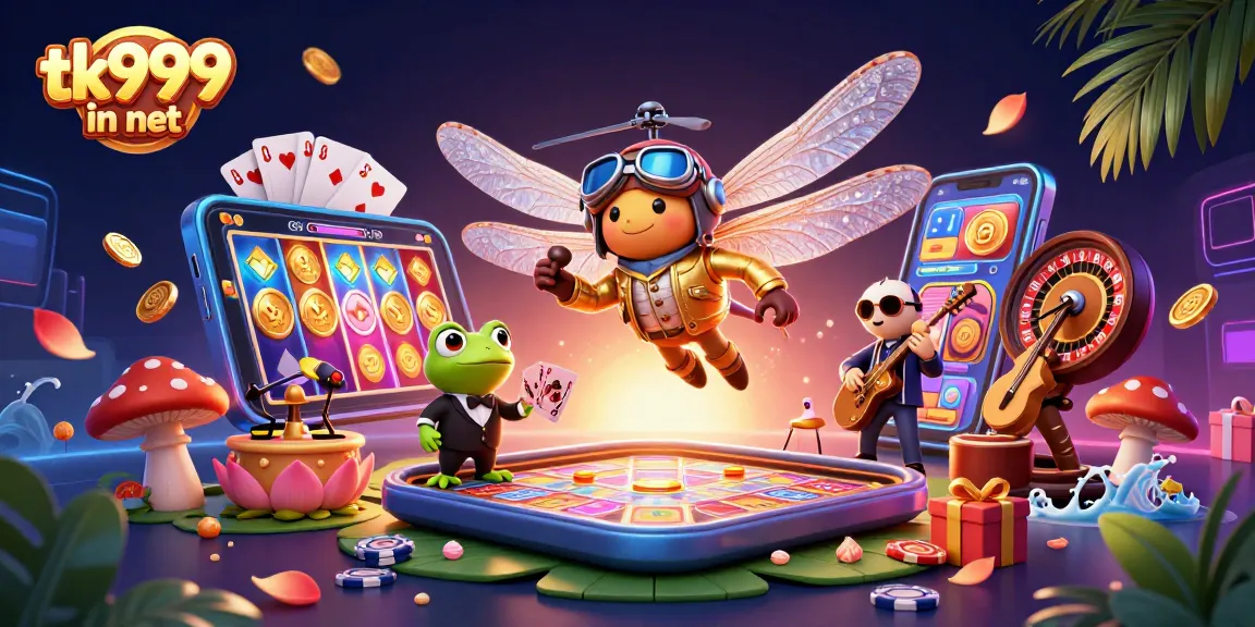 Experience the thrilling gameplay at tk999 in net with a vibrant casino scene featuring a dragonfly pilot and frog croupier.